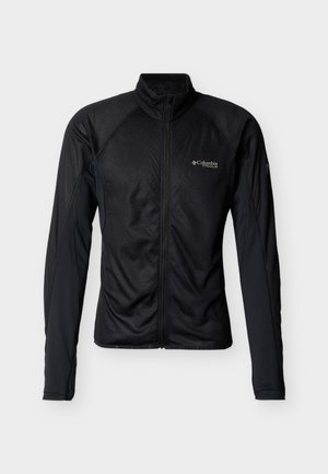Zwarte Columbia Titanium lichtgewicht jack met volledige ritssluiting, lange mouwen en een hoge kraag, plat neergelegd op een witte achtergrond.