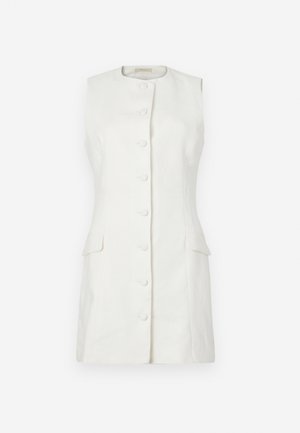 Leinen ärmelloses Kleid in Off-White mit rundem Ausschnitt, Knopfleiste und zwei seitlichen Taschen; glatte Textur und strukturierte Form.