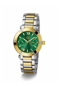 Orologio in acciaio inossidabile dorato e argentato con quadrante verde a raggiera, accenti dorati, grandi numeri romani e due sotto-quadranti.
