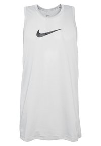 Maglietta atletica senza maniche bianca realizzata in tessuto a rete, con il logo Nike nero sul davanti e un colletto rotondo dal texture morbida.