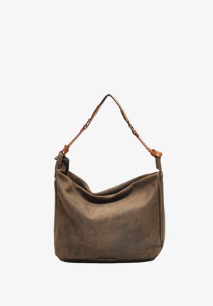 Leren schoudertas in bruin met een slouchy ontwerp, voorzien van een enkele verstelbare schouderband en minimale hardware, met een zachte textuur.