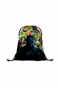Plecak z ściągaczem z ciemnym wzorem Batmana, z kolorowymi grafikami postaci w stylu komiksowym na teksturowanym tle.