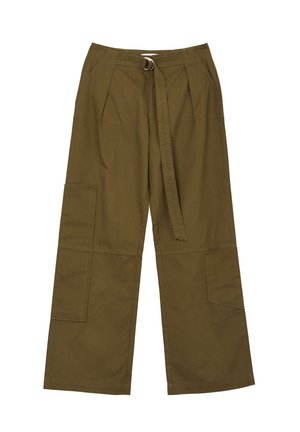 Pantaloni larghi verde oliva in cotone, con cintura in vita, pieghe e due tasche laterali cargo su ogni gamba.
