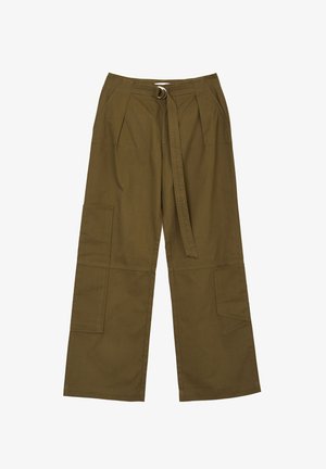 Pantaloni larghi verde oliva in cotone, con cintura in vita, pieghe e due tasche laterali cargo su ogni gamba.
