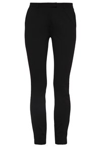 Svarta slim-fit byxor tillverkade av ett mjukt, elastiskt tyg; har en standard midja och en sömlös design utan fickor eller dekorationer.