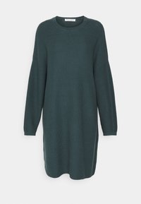 Robe pull en tricot côtelé de couleur vert profond, avec un col rond et des manches larges. L'ourlet est légèrement incurvé pour une silhouette décontractée.