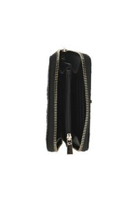 Sort zippenet pung åben, som viser flere rum og en central lynlåsmyntlomme med guldfarvede lynlås tænder.