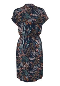 Marineblaues Kleid mit floralem Muster in Rosa-, Grün- und Orangetönen. Verfügt über kurze Ärmel und eine Taillenbetonung für eine figurbetonte Silhouette.