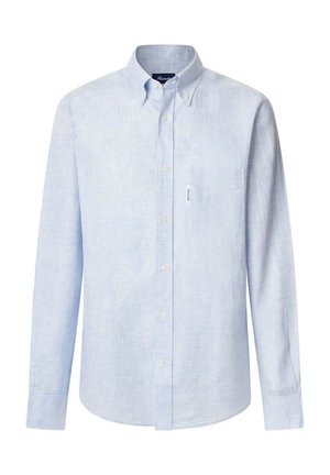 Camicia azzurra chiaro a maniche lunghe con motivo a scacchi, taschino sul lato sinistro del petto. Materiale in cotone, design con colletto.