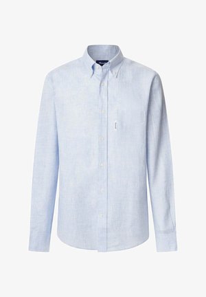 Lichtblauw button-up shirt met een geruit patroon, lange mouwen en een zak op de linkerborst. Gemaakt van katoen, met kraagontwerp.