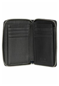 Black leather wallet with zip closure, featuring multiple card slots on each side, smooth texture, and embossed brand logo inside.