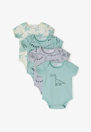 Keturi trumpomis rankovėmis kūdikių bodžiai iš minkštos medvilnės: šviesiai žalia, pilka ir kreminė su dinozaurų raštais ir žvaigždžių motyvais; praktiški mygtukai.