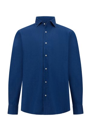 Chemise à manches longues en tissu bleu marine uni, dotée d'un col standard, d'une fermeture à boutons sur le devant et de poignets avec des accents de boutons pour la fermeture.