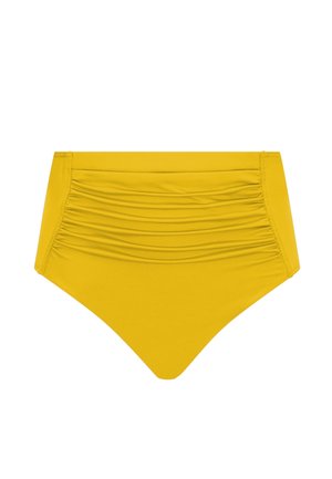 Žluté bikiny s vysokým pasem, se shrnovaným detailem na přední straně a hladkými nohavičkami.