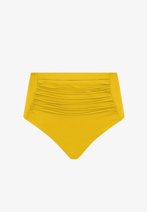 Žluté bikiny s vysokým pasem, se shrnovaným detailem na přední straně a hladkými nohavičkami.