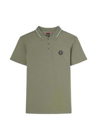 Olijfgroen polo shirt van katoen. Voorzien van een drieknopenlijst, korte mouwen en een rond logo op de linkerborst. Dunne witte strepen op de kraag.