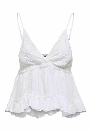 Biely bezrukávový crop top s nastaviteľnými tenkými ramienkami, výstrih do V, vyšívané čipkové detaily a riasený lem.