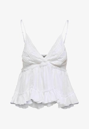 Biely bezrukávový crop top s nastaviteľnými tenkými ramienkami, výstrih do V, vyšívané čipkové detaily a riasený lem.