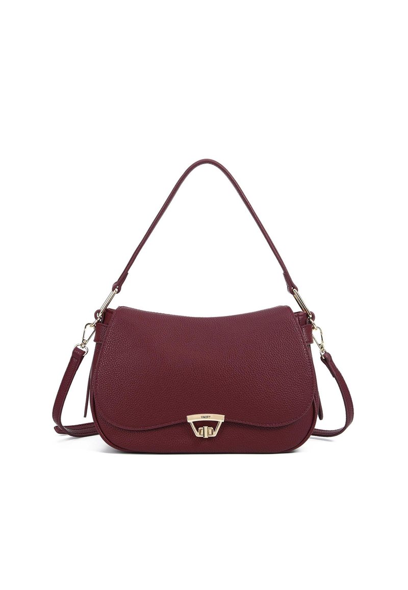 Borsa a spalla in pelle bordeaux con texture liscia, patta arcuata superiore, tracolla regolabile e dettagli in metallo dorato sulla chiusura frontale.