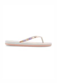Flip-flop sandal med et blomsterdesign i pastelfarver, med en hvid strop og en lyserød sål. Glat, let konstruktion.