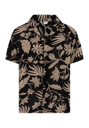 Crna košulja kratkih rukava s dugmadima, sa bež apstraktnim uzorcima cvijeća i listova te opuštenim ovratnikom.