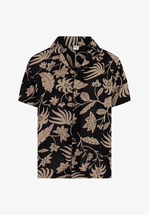 Crna košulja kratkih rukava s dugmadima, sa bež apstraktnim uzorcima cvijeća i listova te opuštenim ovratnikom.