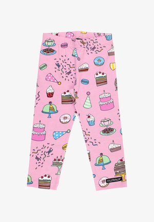 Roze leggings met een patroon van verschillende desserts, waaronder taarten, donuts en ijs, met kleurrijke accenten en speelse ontwerpen.