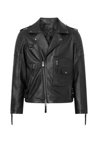 Giacca da moto in pelle nera con zip frontale, multiple tasche e dettagli trapuntati sulle spalle. Presenta fibbie laterali regolabili.