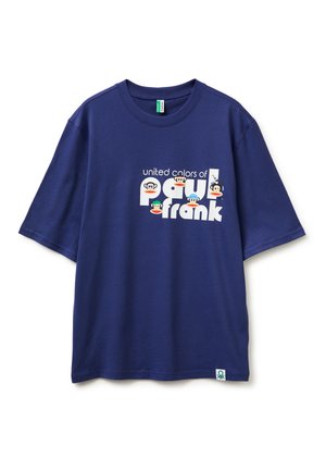 Camiseta de manga corta azul marino con el texto "United colors of Paul Frank" y cinco caras de mono de dibujos animados en el frente.