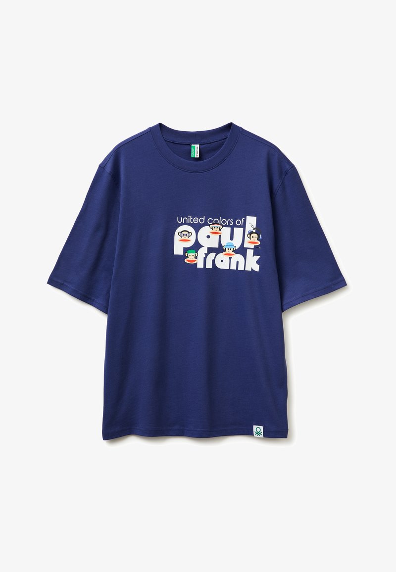 Camiseta de manga corta azul marino con el texto "United colors of Paul Frank" y cinco caras de mono de dibujos animados en el frente.