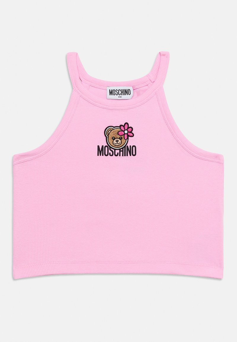 Ροζ ριγωτό αμάνικο τοπ με κεντημένη αρκούδα που κρατά ένα λουλούδι και το όνομα της μάρκας "Moschino" από κάτω. Απλός σχεδιασμός, χωρίς μανίκια.