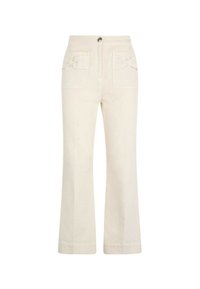 Pantaloni a gamba larga di colore crema realizzati in tessuto morbido, con due tasche posteriori e dettagli a fiocco sui lembi delle tasche, dotati di chiusura con bottone.