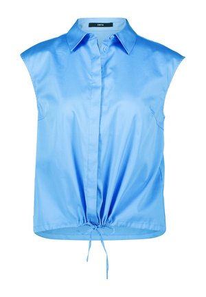 Light blue sleeveless top made of satin-like fabric, featuring a collar, button closure, and drawstring at the hem for adjustability.