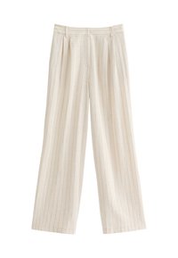 Pantalons à jambes larges en tissu beige doux avec des rayures verticales. Comprend une coupe ajustée, des plis et une taille avec passants de ceinture. Texture lisse.