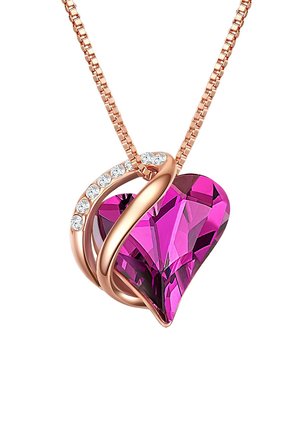 Herzförmiges Anhänger mit einem großen rosa Kristall, umgeben von einem Roségold-Schwung mit kleinen klaren Steinen, angebracht an einer zarten Kette.