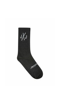 Black cotton socks featuring a ribbed design, with white embroidered initials "JXJ" and brand name "JACKS" at the ankle.