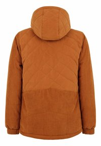 Gepolsterte, rostfarbene Jacke mit einem Cordstruktur, ausgestattet mit einer taillierten Kapuze, elastischen Bündchen und einem verlängerten Rückenteil.