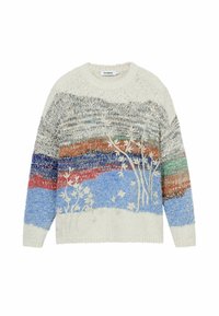 Kötött bézs pulóver, amelyen kék, zöld és narancssárga vízszintes csíkok találhatók, fehér virágmintás hímzéssel díszítve.