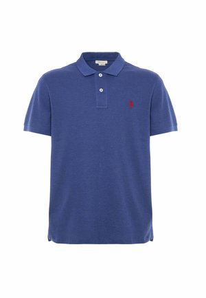 Polo shirt blu scuro, maniche corte, patta a due bottoni, piccolo emblema rosso sul petto sinistro, materiale in cotone misto con texture liscia.