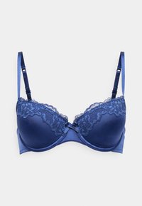Γαλάζιο σουτιέν με δαντελένια επένδυση, καλυμμένα κύπελλα και σατινέ φινίρισμα. Διαθέτει ρυθμιζόμενους ιμάντες και μια μικρή κορδέλα στο κέντρο.