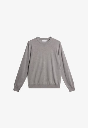 Grauer Pullover aus weichem Material, mit Rundhalsausschnitt, gerippten Bündchen und Saum sowie einem dezenten Logo auf der Vorderseite.