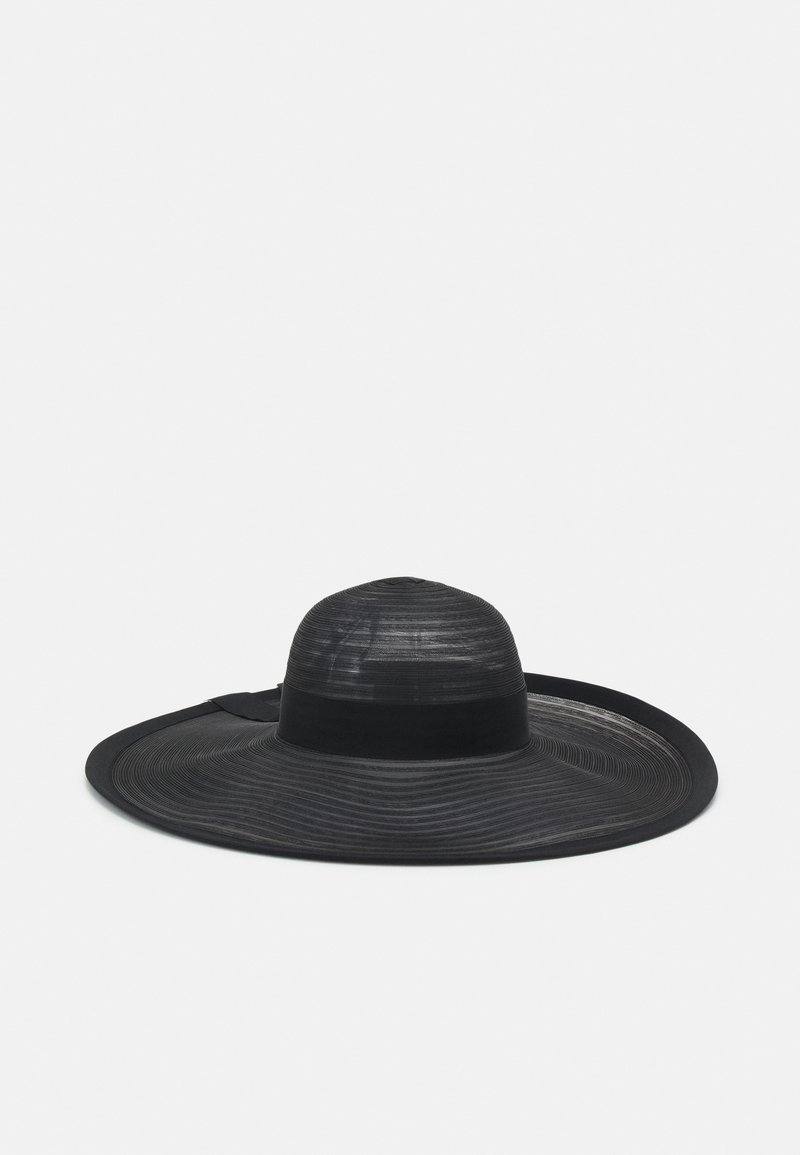 Black wide-brimmed hat with a textured pattern and a satin band around the crown. The brim is broad and slightly floppy.