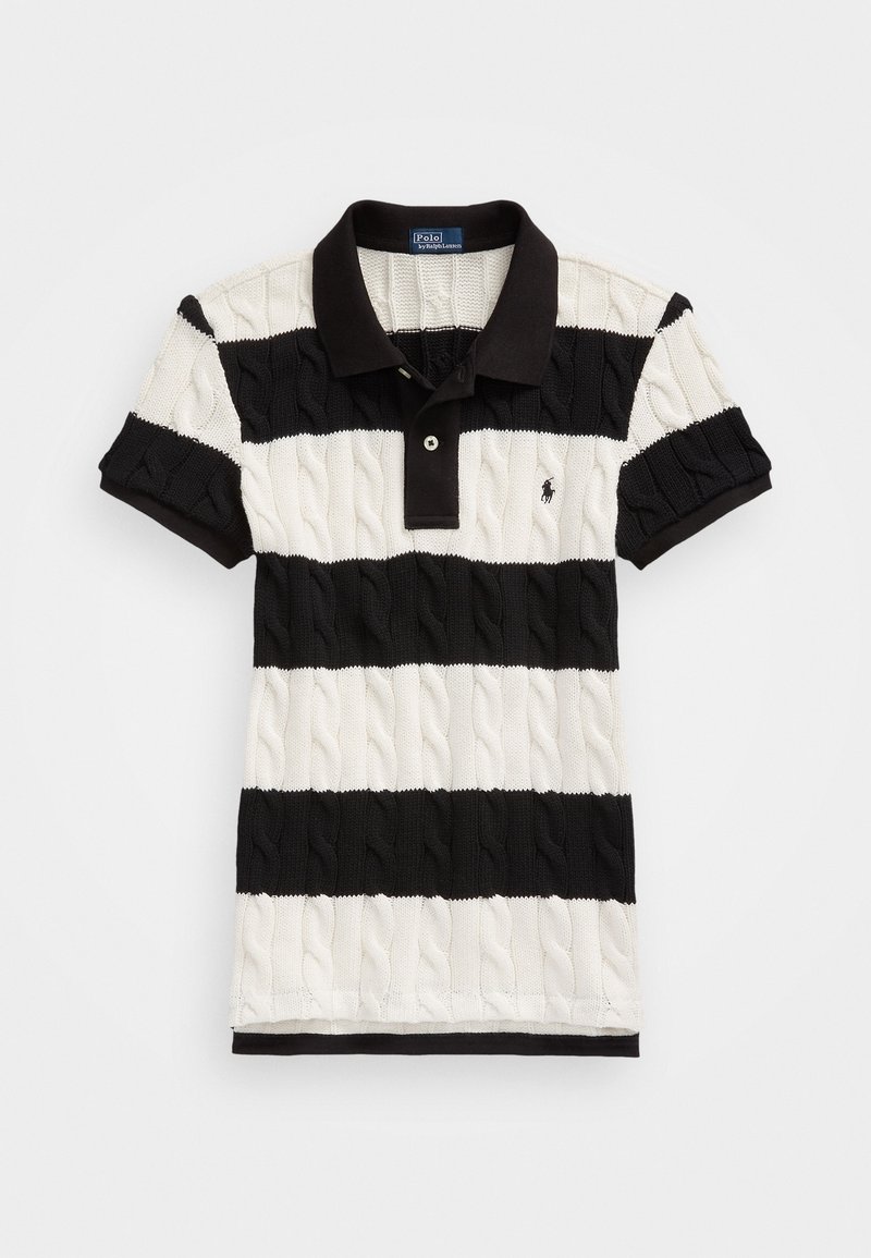 Randig polo-shirt i svart och vitt med en texturerad kabelstickad design, korta ärmar och en svart krage. Har en liten logotyp på bröstet.