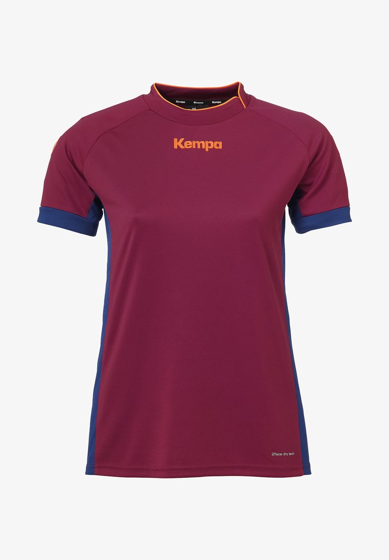 Bordeauxfarbenes Sporttrikot mit kurzen Ärmeln, blauen Akzenten und orangefarbenem "Kempa"-Logo auf der Brust. Aus leichtem, atmungsaktivem Material gefertigt.