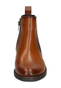 Brown leather ankle boot with a shiny finish, side zipper, and pull tab. Features a round toe and durable rubber sole.