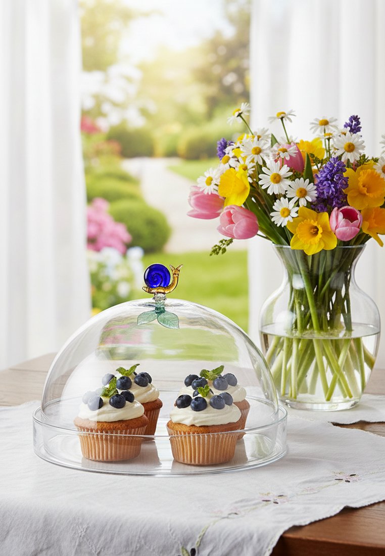 Trzy babeczki udekorowane borówkami pod szklaną kopułą z uchwytem w kształcie ślimaka, obok wazonu z mieszanką wiosennych kwiatów na stole.