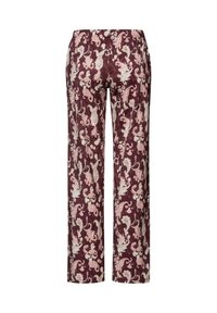 Bloemenpatroon broek in bordeauxrood met room- en roze accenten. Wijde pijpen, elastische tailleband en een gladde stoftextuur.