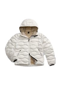 Giacca bianca imbottita con cappuccio, dotata di chiusura a zip sul davanti, tasche laterali e dettagli in zip neri. Foderata con un interno beige.