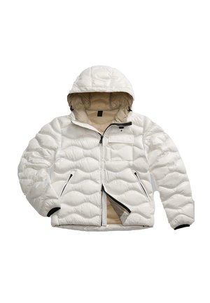 Giacca bianca imbottita con cappuccio, dotata di chiusura a zip sul davanti, tasche laterali e dettagli in zip neri. Foderata con un interno beige.