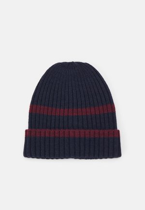 Knit beanie in dark navy with two contrasting maroon horizontal stripes. Ribbed texture, close-fitting design, soft material.